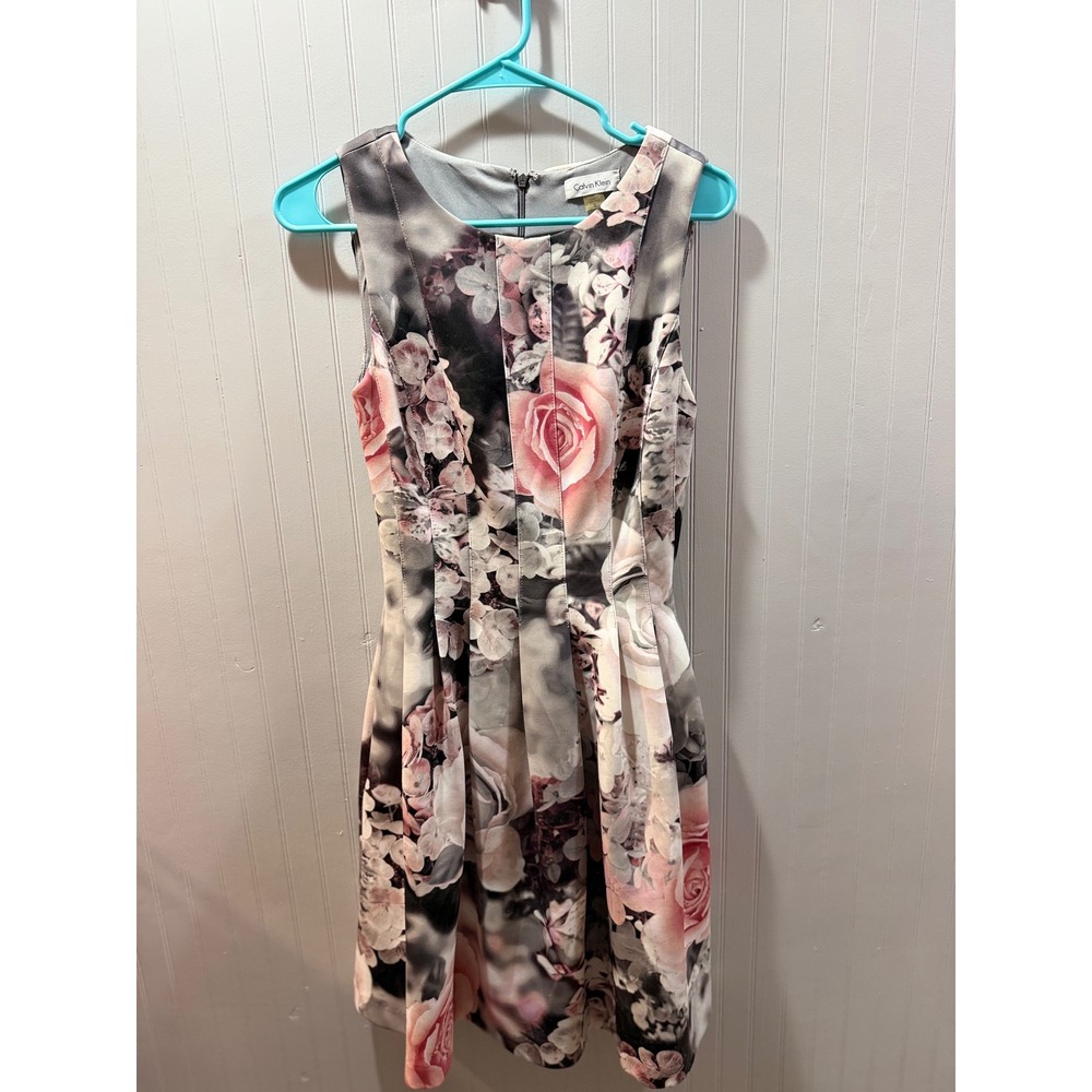 Calvin Klein Pink Grey Rose Floral Pintuck Fit and Flare Dress Size 2